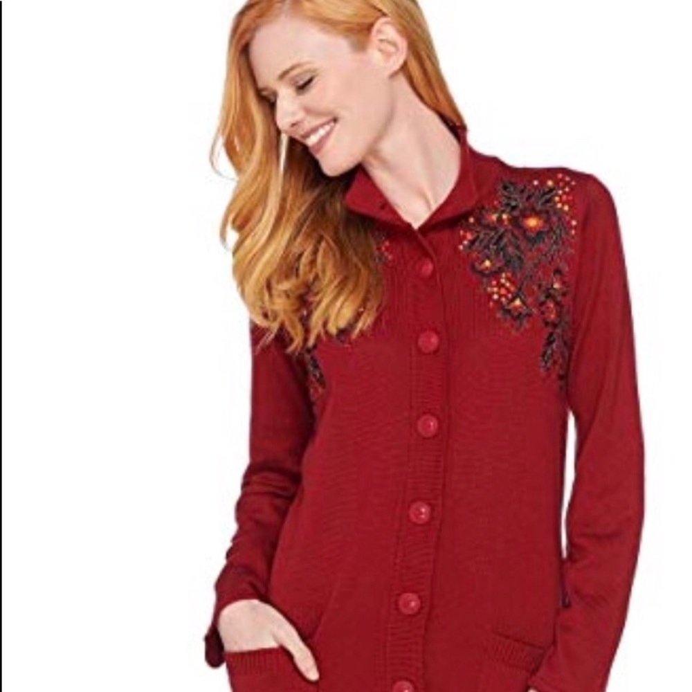 NWTBob Mackie Embroidered Red Cardigan Size Small.